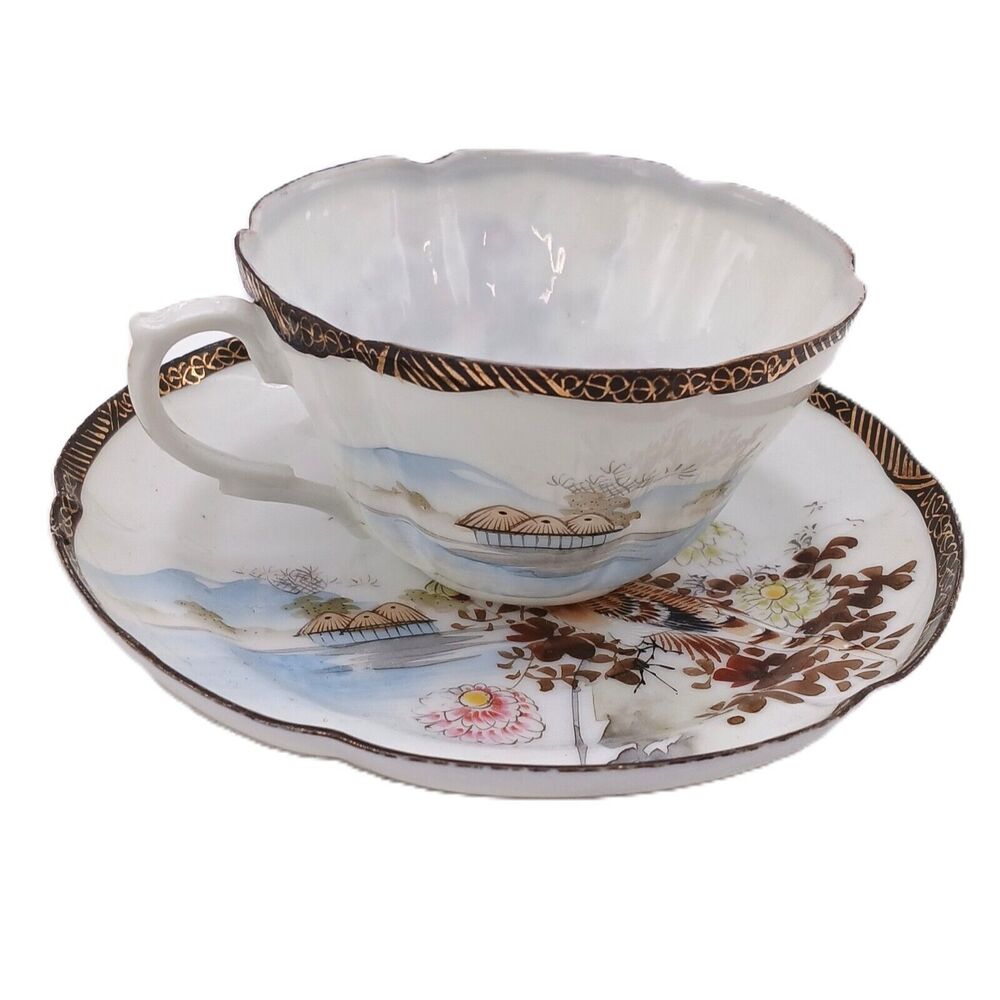 Vintage Japanese Kutani Style Hand Painted Cup And Saucer Eggshell Porcelain